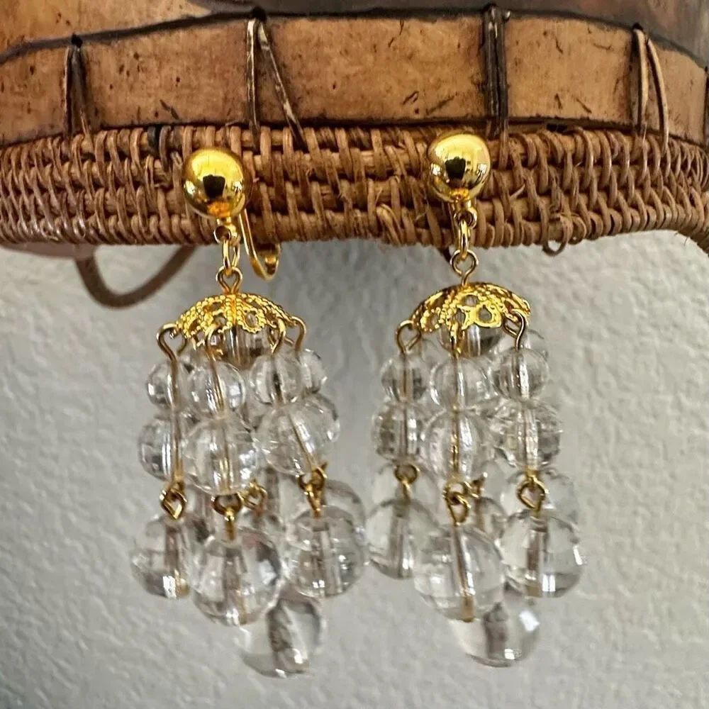 Avon Gold tone clear lucite beaded   multi strand clip on drop earrings